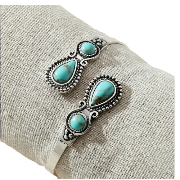 Boho Silver Wrap Cuff Bracelet with Turquoise Stone Accents - Picture 2 of 5